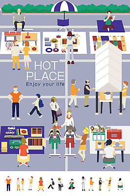 옷 여자 남자 일러스트 여러명 성인 장식 공간 파라솔 시장 옷걸이 프리마켓 국내일러스트 AI파일 다수 사람 파일형식 벡터