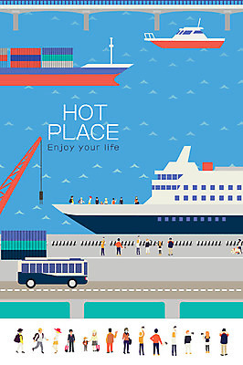 여자 남자 어린이 바다 일러스트 버스 여러명 성인 공간 크루즈 컨테이너 화물선 기중기 국내일러스트 AI파일 산업 육상교통 다수 배_교통 대중교통 사람 중장비 파일형식 벡터