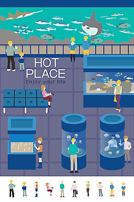 여자 남자 어린이 의자 일러스트 어류 여러명 성인 공간 상어 해파리 아쿠아리움 국내일러스트 AI파일 가구 다수 사람 수중동물 자포동물 수족관 파일형식 벡터