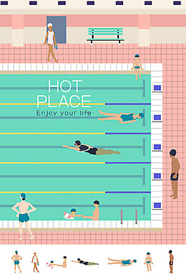 여자 남자 수영복 어린이 벤치 일러스트 수영장 여러명 성인 수영 공간 튜브 실내수영장 국내일러스트 AI파일 옷 다수 의자 실내 사람 수상스포츠 파일형식 벡터