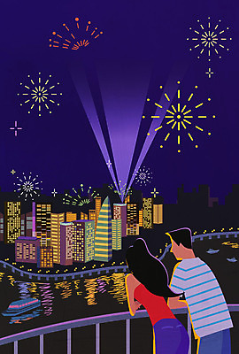 계절 여자 남자 여행 야경 일러스트 불꽃놀이 빌딩 성인 두명 여름 강 도시 선박 국내일러스트 AI파일 수상교통 놀이 사람 건물 야간 파일형식 벡터 풍경_경치