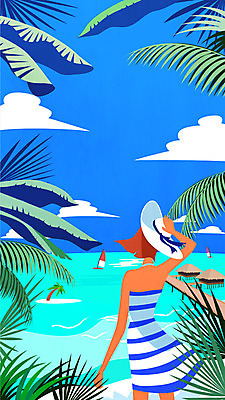 구름 계절 여자 바다 여행 일러스트 한명 성인 해변 여름 야자수 야자수잎 안식처 트로피컬아트 국내일러스트 AI파일 자연요소 나무 1 잎 휴식 사람 그림 파일형식 벡터