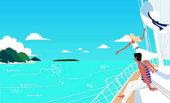 구름 모자 계절 여자 남자 바다 섬 여행 요트 일러스트 성인 두명 여름 국내일러스트 AI파일 자연요소 잡화 배_교통 사람 파일형식 벡터