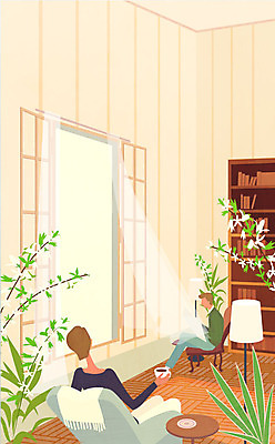 계절 여자 남자 꽃 커피 여행 일러스트 창문 휴식 책장 성인 두명 책 커튼 커피잔 안식처 국내일러스트 AI파일 식물 음료 가구 컨셉 잔 사람 파일형식 벡터