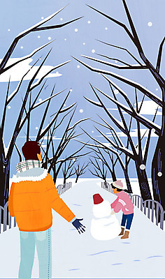 나무 계절 여자 남자 어린이 여행 겨울 일러스트 눈사람 털모자 성인 두명 울타리 목도리 눈 눈사람만들기 국내일러스트 AI파일 자연요소 식물 모자_잡화 잡화 날씨 사람 담장 만들기 파일형식 벡터