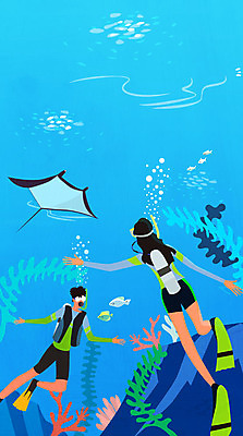 계절 여자 남자 여행 일러스트 성인 두명 바닷속 산호초 스쿠버다이빙 가오리 스쿠버다이버 스쿠버다이빙용품 스쿠버다이빙장비 국내일러스트 AI파일 스포츠용품 어류 사람 수중 수상스포츠 수중식물 파일형식 벡터