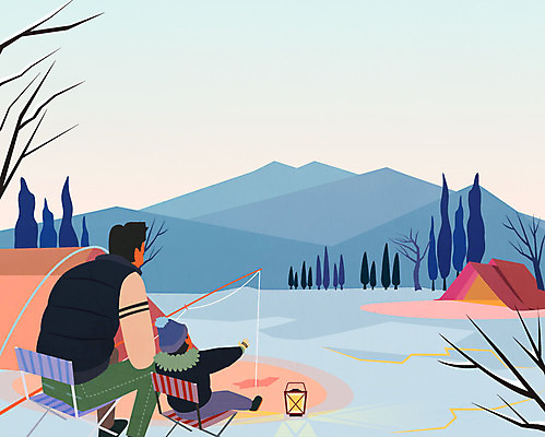 나무 계절 남자 어린이 여행 겨울 일러스트 산 털모자 성인 두명 캠핑 랜턴 얼음낚시 안식처 야외의자 겨울캠프 국내일러스트 AI파일 식물 모자_잡화 의자 레저 낚시 휴식 조명 사람 파일형식 벡터