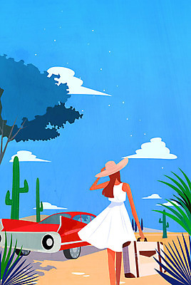 나무 구름 계절 여자 여행 일러스트 자동차 선인장 한명 성인 여름 여행가방 안식처 국내일러스트 AI파일 자연요소 식물 1 육상교통 가방 휴식 사람 파일형식 벡터