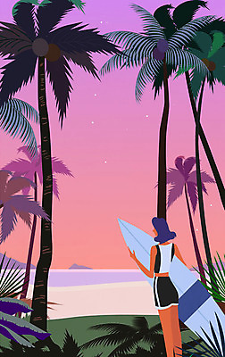 계절 여자 바다 여행 일러스트 한명 성인 여름 야자수 서핑보드 안식처 트로피컬아트 국내일러스트 AI파일 나무 1 휴식 사람 보드_스포츠 그림 파일형식 벡터