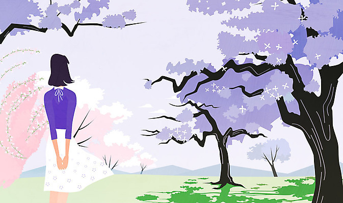 계절 여자 여행 일러스트 꽃나무 한명 성인 봄 산책 안식처 국내일러스트 AI파일 나무 1 꽃 휴식 사람 파일형식 벡터
