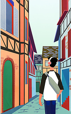 계절 남자 여행 일러스트 한명 성인 건물 헤드셋 산책 골목길 안식처 국내일러스트 AI파일 1 건축물 길 음향기기 휴식 사람 헤드폰 파일형식 벡터