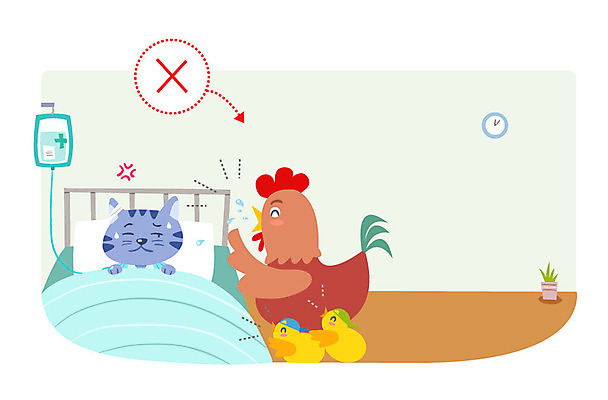 동물 일러스트 실내 병원 병아리 사람없음 고양이 예절 닭 링거 시끄러움 소음 병실 링거걸이 병문안 병원침대 국내일러스트 AI파일 포유류 의학 의료기기 조류 내부 반려동물 소리 침대 파일형식 벡터