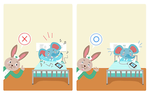 동물 이어폰 일러스트 코끼리 실내 병원 사람없음 스마트폰 음악감상 간호사 토끼 예절 소음 병실 병문안 병원침대 국내일러스트 AI파일 음향기기 포유류 의학 내부 핸드폰 스마트기기 반려동물 소리 감상 의료진 침대 파일형식 벡터
