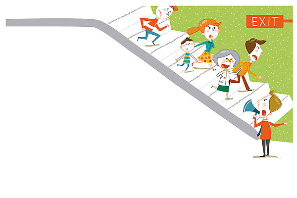 여자 남자 어린이 일러스트 여러명 성인 계단 확성기 위험 사건 탈출 비상구 대피 프레임일러스트 국내일러스트 AI파일 다수 컨셉 프레임 사람 파일형식 벡터