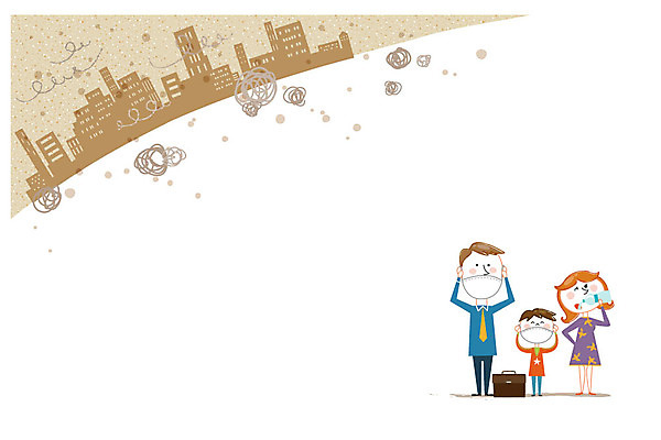 여자 남자 어린이 서류가방 일러스트 마스크 빌딩 성인 세명 위험 자연재해 사건 물병 스모그 프레임일러스트 황사 미세먼지 국내일러스트 AI파일 컨셉 가방 프레임 사람 건물 물통 재해 먼지 파일형식 벡터