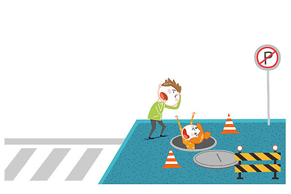 여자 남자 일러스트 성인 두명 횡단보도 위험 사건 빠짐 맨홀 맨홀구멍 맨홀뚜껑 칼라콘 프레임일러스트 국내일러스트 AI파일 컨셉 프레임 사람 보행로 안전장비 파일형식 벡터