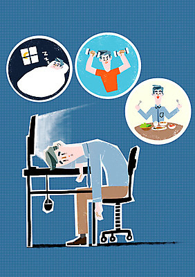 PSD 남자 일러스트 의학 건강 피곤 여러명 성인 컴퓨터 식사 아령 마우스 잠 위생 책상 박테리아 만성피로 규칙적 국내일러스트 가구 다수 컨셉 사람 전자제품 컴퓨터용품 파일형식