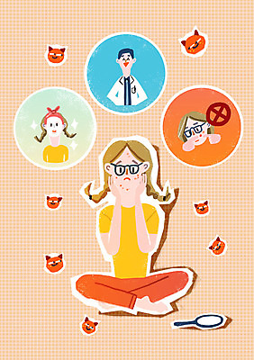 PSD 여자 남자 일러스트 의학 건강 여러명 성인 거울 의사 위생 피부 피부관리 박테리아 여드름 국내일러스트 다수 사람 신체부위 뷰티 의료진 파일형식