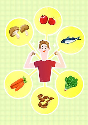 PSD 남자 채소 일러스트 의학 건강 어류 한명 성인 버섯 당근 위생 사과 아몬드 박테리아 국내일러스트 1 과일 뿌리채소 사람 수중동물 견과류 파일형식