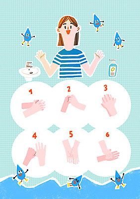 PSD 여자 일러스트 의학 건강 한명 성인 물방울 위생 세면대 손씻기 박테리아 손씻기방법 손세정제 매뉴얼 코로나바이러스 국내일러스트 1 사람 바이러스 씻기 방법 세정제 파일형식