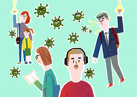 PSD 학생 여자 남자 교복 어린이 일러스트 의학 청소년 건강 여러명 성인 책 헤드셋 전철 위생 박테리아 재채기 국내일러스트 옷 육상교통 음향기기 다수 대중교통 사람 헤드폰 파일형식