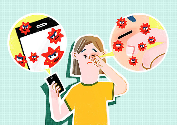 PSD 여자 일러스트 의학 건강 한명 성인 스마트폰 위생 박테리아 눈병 눈비비기 국내일러스트 1 모션 사람 핸드폰 스마트기기 파일형식