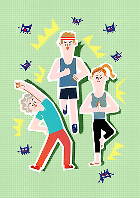 PSD 여자 남자 일러스트 요가 의학 건강 성인 세명 운동 스트레칭 위생 박테리아 국내일러스트 웰빙 사람 파일형식