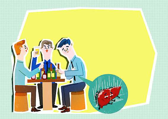 PSD 남자 일러스트 의학 술병 프레임 건강 성인 세명 위생 간 박테리아 술자리 프레임일러스트 회식 국내일러스트 병_용기 주류 사람 식사 장기_의학 파일형식