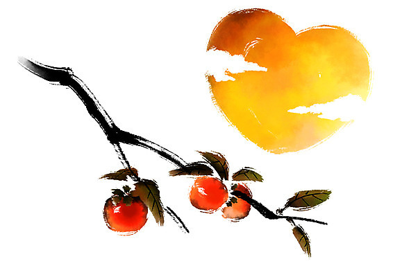 PSD 한국전통 과일 일러스트 캘리그라피 감 사람없음 노을 하트 감나무 국내일러스트 자연요소 모양 나무 전통 한국 파일형식