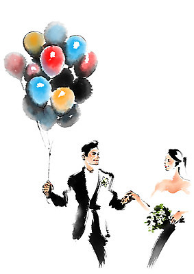 PSD 부부 여자 남자 행복 웨딩드레스 결혼 일러스트 캘리그라피 상반신 성인 두명 손잡기 다정 풍선 성인만 국내일러스트 커플 드레스 감정 컨셉 모션 사람 이벤트 파일형식