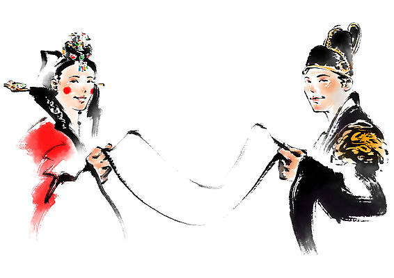 PSD 부부 여자 남자 행복 결혼 일러스트 캘리그라피 미소 상반신 성인 두명 다정 한복 폐백 성인만 국내일러스트 한국전통 커플 감정 컨셉 표정 사람 이벤트 전통의상 파일형식