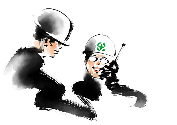 PSD 여자 남자 일러스트 캘리그라피 상반신 성인 두명 기술자 안전모 건축가 무전기 성인만 국내일러스트 직업 무선통신 사람 헬멧 안전장비 파일형식