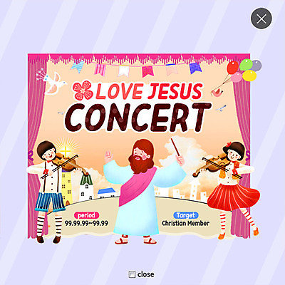 PSD 템플릿 여자 남자 기독교 종교 어린이 웹템플릿 팝업 웹팝업 성인 세명 콘서트 커튼 예수 바이올린 풍선 레이어팝업 이미지템플릿 현악기 사람 공연 신_종교 파일형식