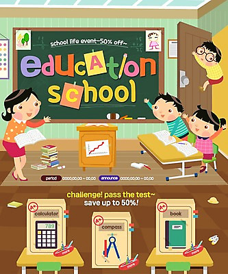 PSD 템플릿 학생 여자 교육 남자 어린이 웹템플릿 교실 수업 이벤트페이지 이벤트 여러명 성인 책 칠판 계산기 컴파스 단상 이미지템플릿 다수 학교 문구용품 사람 장비 페이지 파일형식