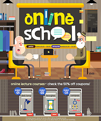 PSD 템플릿 교육 노년 남자 웹템플릿 이벤트페이지 이벤트 성인 두명 책 노트북 스탠드 모래시계 온라인강의 이미지템플릿 모래 시계 조명 사람 전자제품 강의 페이지 파일형식 언택트