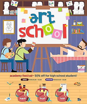 PSD 모델 템플릿 교육 남자 웹템플릿 이벤트페이지 미술 이벤트 성인 세명 물감 붓 그리기 팔레트 이젤 화실 이미지템플릿 모션 문화예술 사람 미술도구 페이지 미술실 파일형식