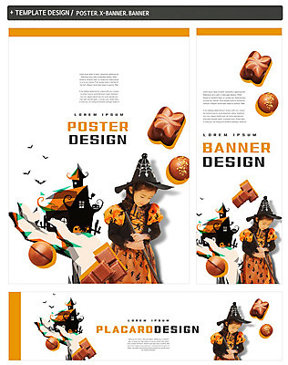 PSD 배너템플릿 여자 가로배너 ZIP 포스터 세로배너 어린이 한명 서기 상반신 앞모습 세트 초콜릿 할로윈 한국인 현수막 마녀복장 템플릿 1 배너 뷰포인트 모션 디저트 사람 동양인 가로 세로 이벤트의상 파일형식