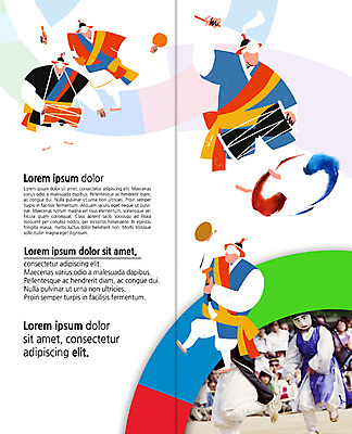 PSD 템플릿 편집 한국전통 표지디자인 북디자인 출판디자인 여자 남자 내지 리플렛 여행 2단접지 북커버 팜플렛 여러명 성인 군중 한복 풍물놀이 전통공연 태극 장구 꽹과리 국내여행 이미지템플릿 전통 문양 다수 타악기 한국 국악기 국악 사람 공연 전통의상 파일형식