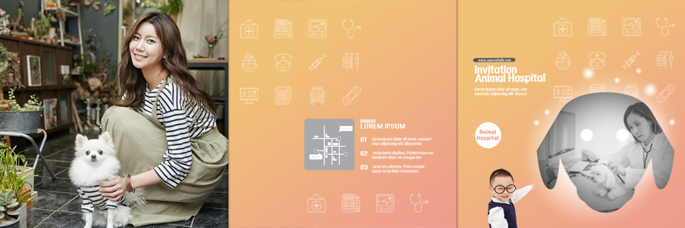 PSD 템플릿 편집 라이프스타일 표지디자인 북디자인 출판디자인 여자 표지 남자 어린이 리플렛 북커버 3단접지 앉기 팜플렛 20대 성인 세명 30대 한국인 개 약도 동물병원 수의사 반려 이미지템플릿 지도 포유류 모션 병원 사람 동양인 청년 생활 장년 의사 파일형식