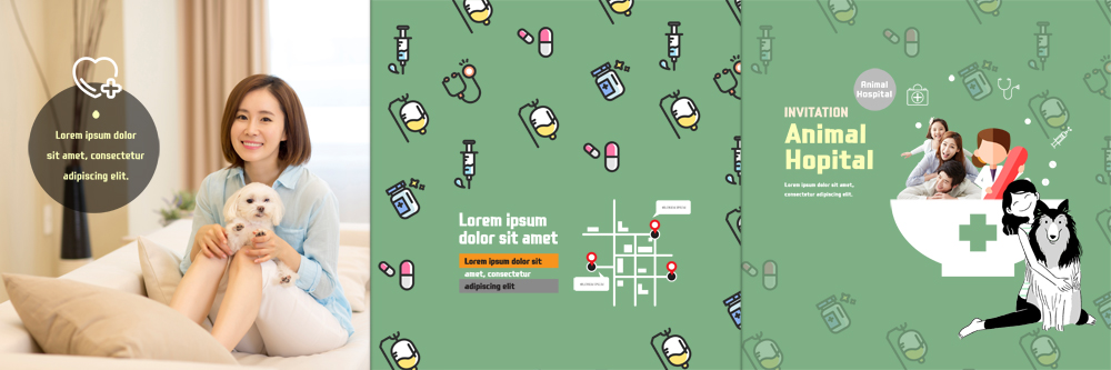PSD 템플릿 편집 라이프스타일 표지디자인 북디자인 출판디자인 여자 표지 남자 어린이 리플렛 북커버 3단접지 가족 앉기 팜플렛 여러명 성인 30대 한국인 개 약도 막자사발 동물병원 수의사 반려 이미지템플릿 다수 지도 포유류 관계 모션 병원 사람 동양인 생활 장년 의사 사발 파일형식