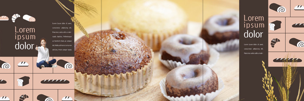 PSD 템플릿 편집 표지디자인 북디자인 출판디자인 여자 내지 음식 리플렛 북커버 3단접지 한명 앉기 팜플렛 20대 성인 빵집 한국인 도넛 바게트 크루아상 이삭 롤케이크 이미지템플릿 1 빵 모션 디저트 사람 동양인 청년 케이크 상점 파일형식