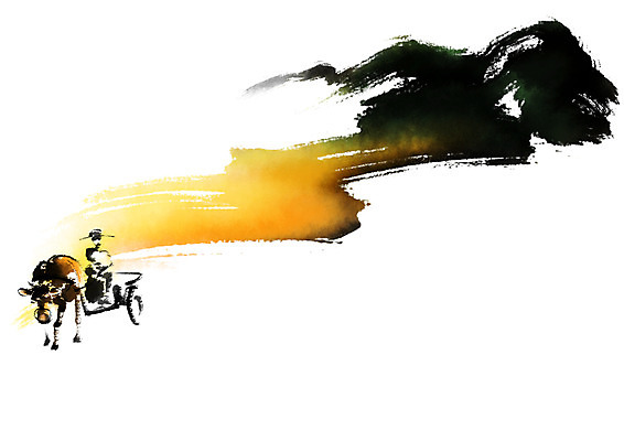 PSD 전통 남자 일러스트 캘리그라피 붓터치 산 한명 성인 소 마차 선비 국내일러스트 갓모자 모자_잡화 1 교통수단 포유류 전통소품 사람 파일형식