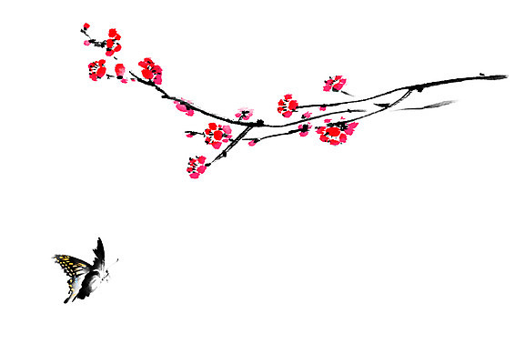 PSD 나비 일러스트 캘리그라피 붓터치 사람없음 매화나무 홍매화 국내일러스트 나무 곤충 매화 파일형식