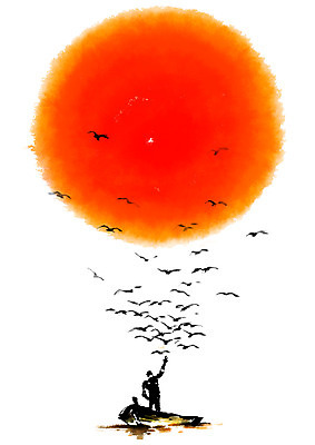 PSD 남자 바다 일러스트 캘리그라피 한명 성인 태양 기러기 선박 국내일러스트 자연요소 1 수상교통 조류 사람 파일형식