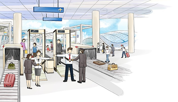 PSD 여자 남자 교통수단 교통 일러스트 수채화 대중교통 실내 여러명 캐리어 공항 검사_조사 보안 금속탐지기 출국심사 검색대 국내일러스트 다수 교통시설 안전 사람 내부 여행가방 출국 파일형식