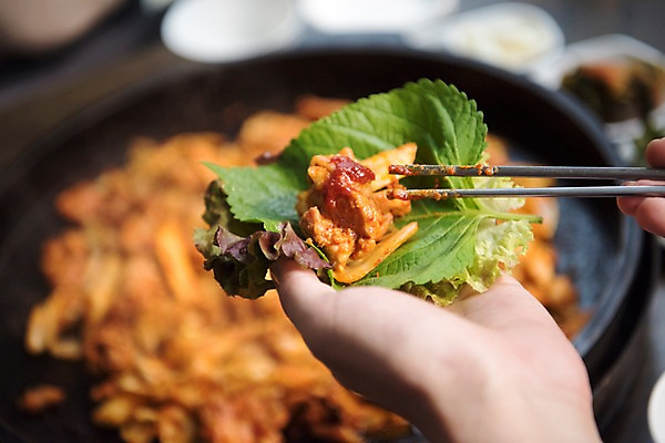 포토 JPG 손 한식 여행 젓가락 실내 한명 들기 신체부위 식당 상추 즐거움 쌈 깻잎 춘천 닭갈비 춘천닭갈비 국내포토 1 감정 음식 채소 모션 수저 사람 내부 상점 닭고기 강원도 닭고기요리 파일형식