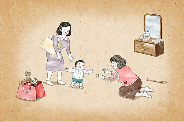 PSD 여자 노년 할머니 일러스트 가족 엄마 수채화 사랑 성인 세명 장난감 아기 손주 출근 화장대 국내일러스트 감정 가구 관계 사람 출퇴근 파일형식