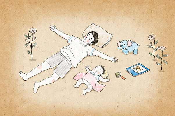 PSD 남자 꽃 행복 일러스트 가정 가족 수채화 사랑 두명 장난감 육아 아기 아빠 낮잠 육아대디 싱글대디 한부모가족 국내일러스트 식물 감정 관계 사람 잠 파일형식