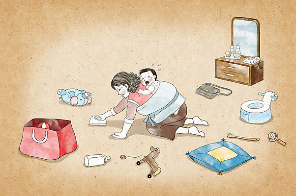 PSD 여자 할머니 가사 일러스트 가족 수채화 방석 두명 장난감 아기 울음 손주 화장대 업기 걸레질 좌변기 포대기 국내일러스트 노년 가구 관계 모션 표정 사람 아기용품 청소 변기 파일형식