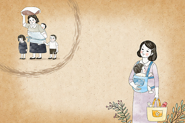 PSD 여자 어린이 생각 일러스트 가족 엄마 수채화 여러명 아기 추억 업기 포대기 국내일러스트 다수 컨셉 관계 모션 사람 아기용품 파일형식